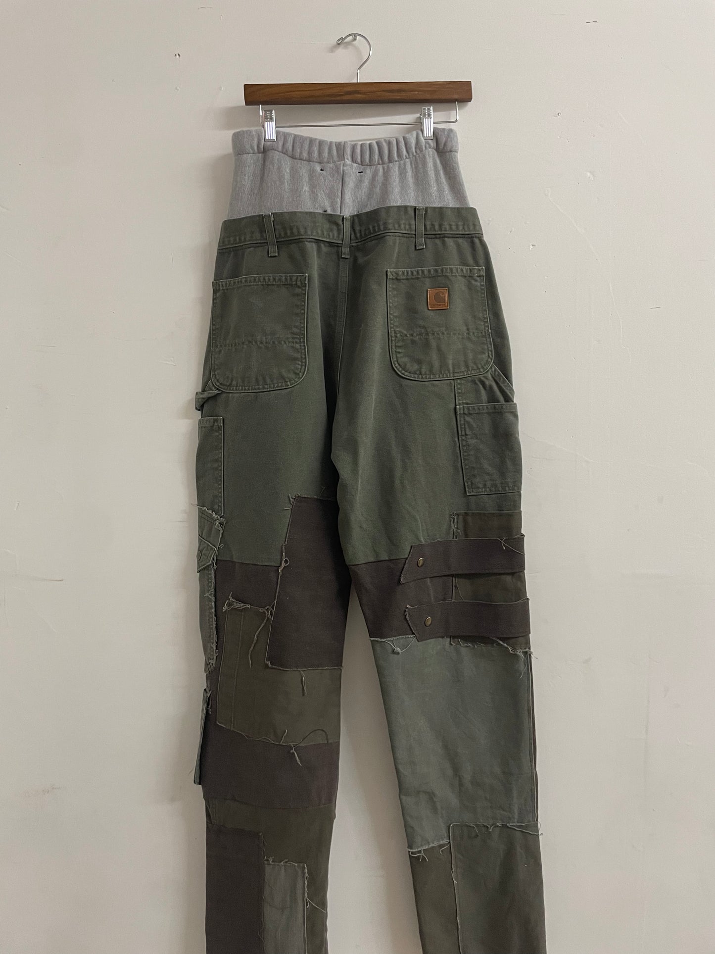 NYFW 22 Look 26 - Green and Brown Dusted Patchwork Workwear Pants