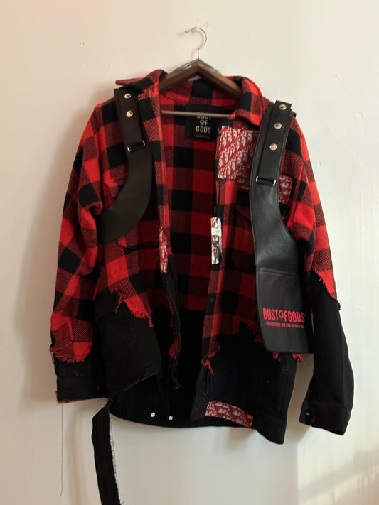 'This is Not' Red Checker Plaid x Denim Jacket with Skull