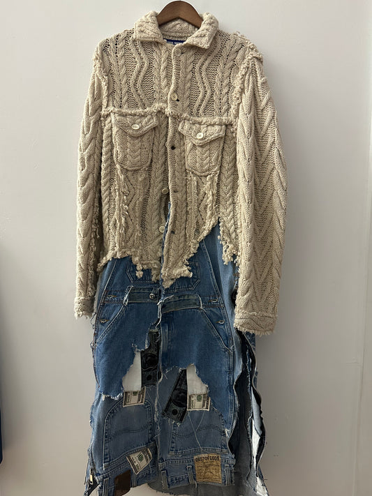 Elevated Wool Cardigan with Patchwork Denim Extension