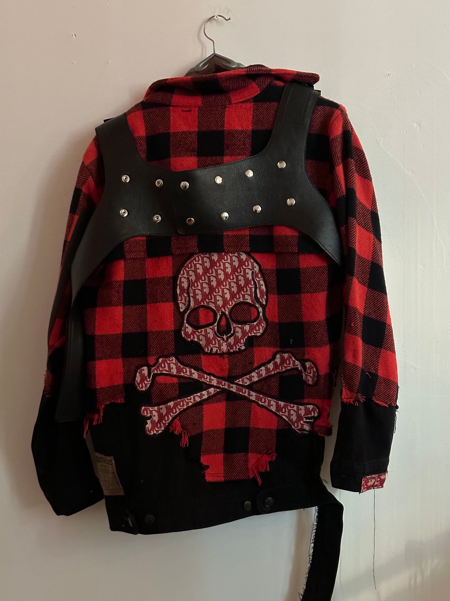 'This is Not' Red Checker Plaid x Denim Jacket with Skull