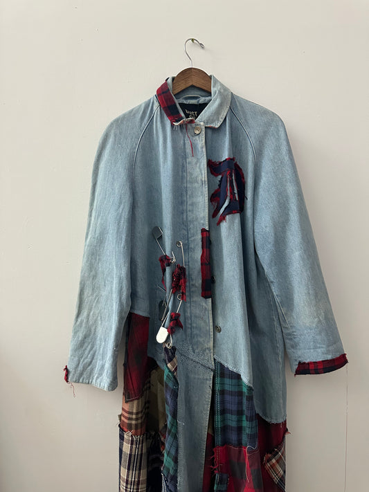 Denim Duster with Patchwork Plaid Extension