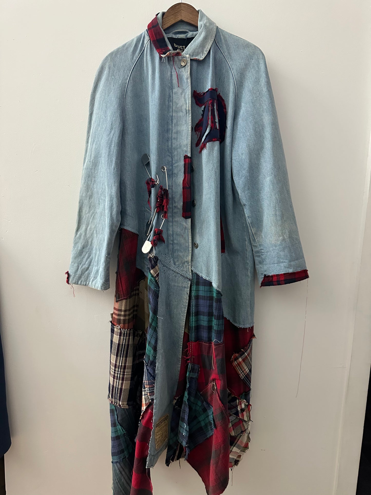 Denim Duster with Patchwork Plaid Extension