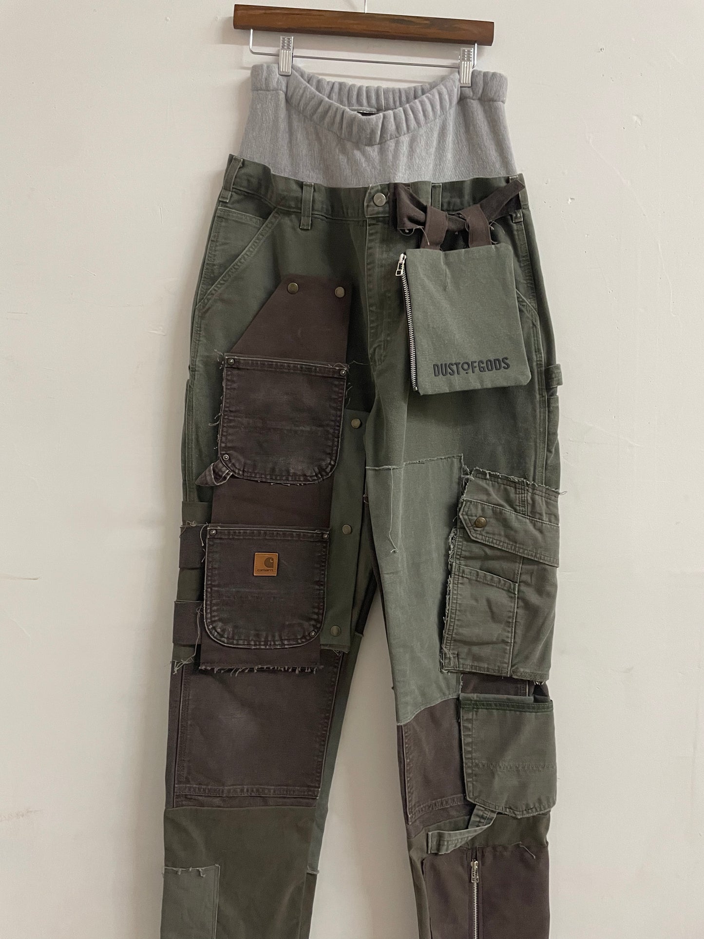 NYFW 22 Look 26 - Green and Brown Dusted Patchwork Workwear Pants