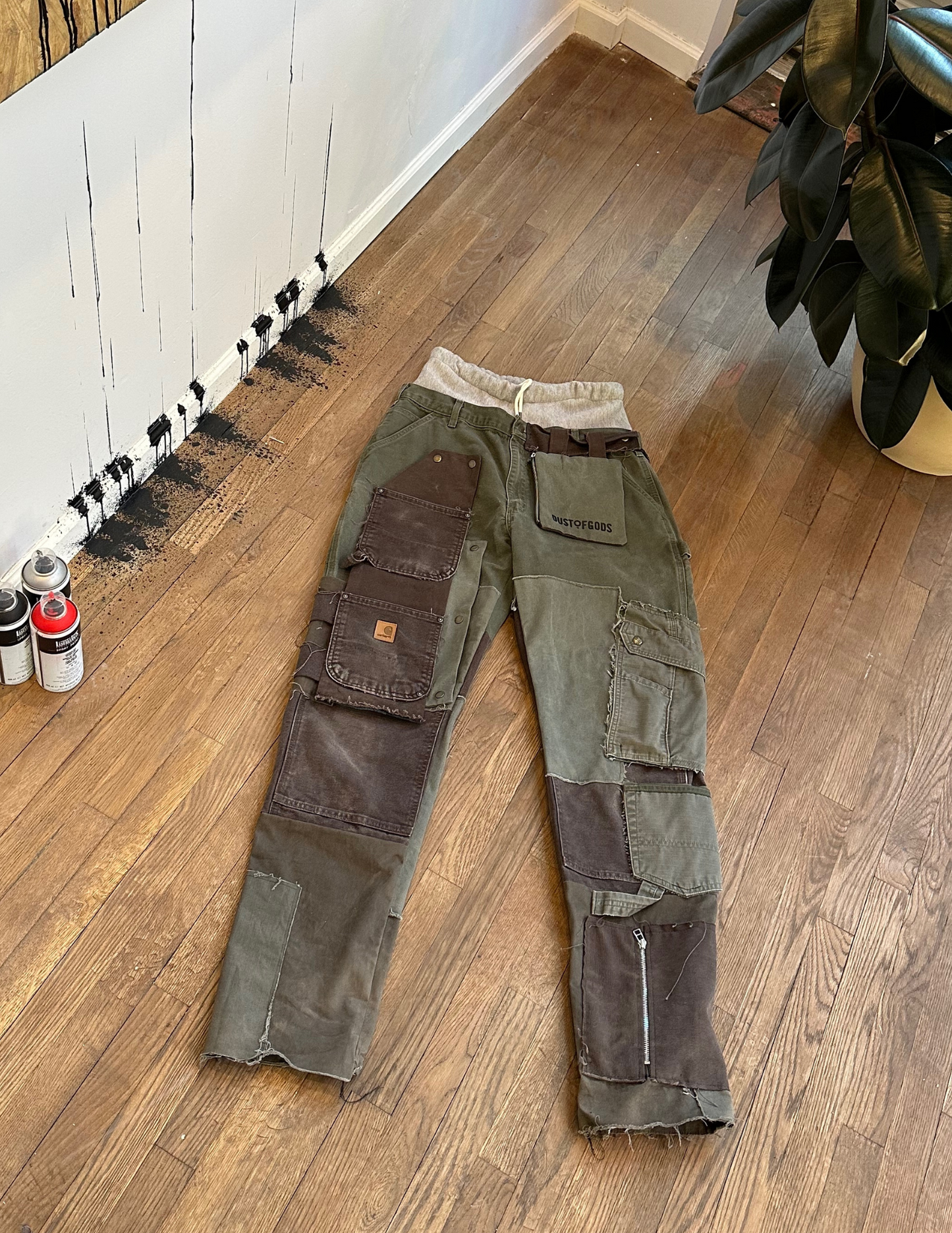 NYFW 22 Look 26 - Green and Brown Dusted Patchwork Workwear Pants